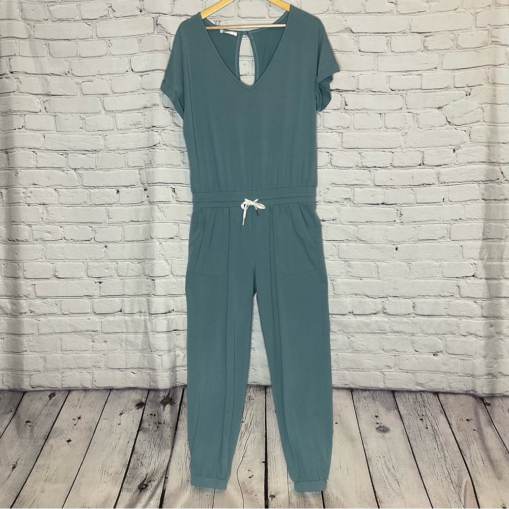 Cupshe Teal Tapered Leg Short Sleeve Jersey Jumpsuit Medium